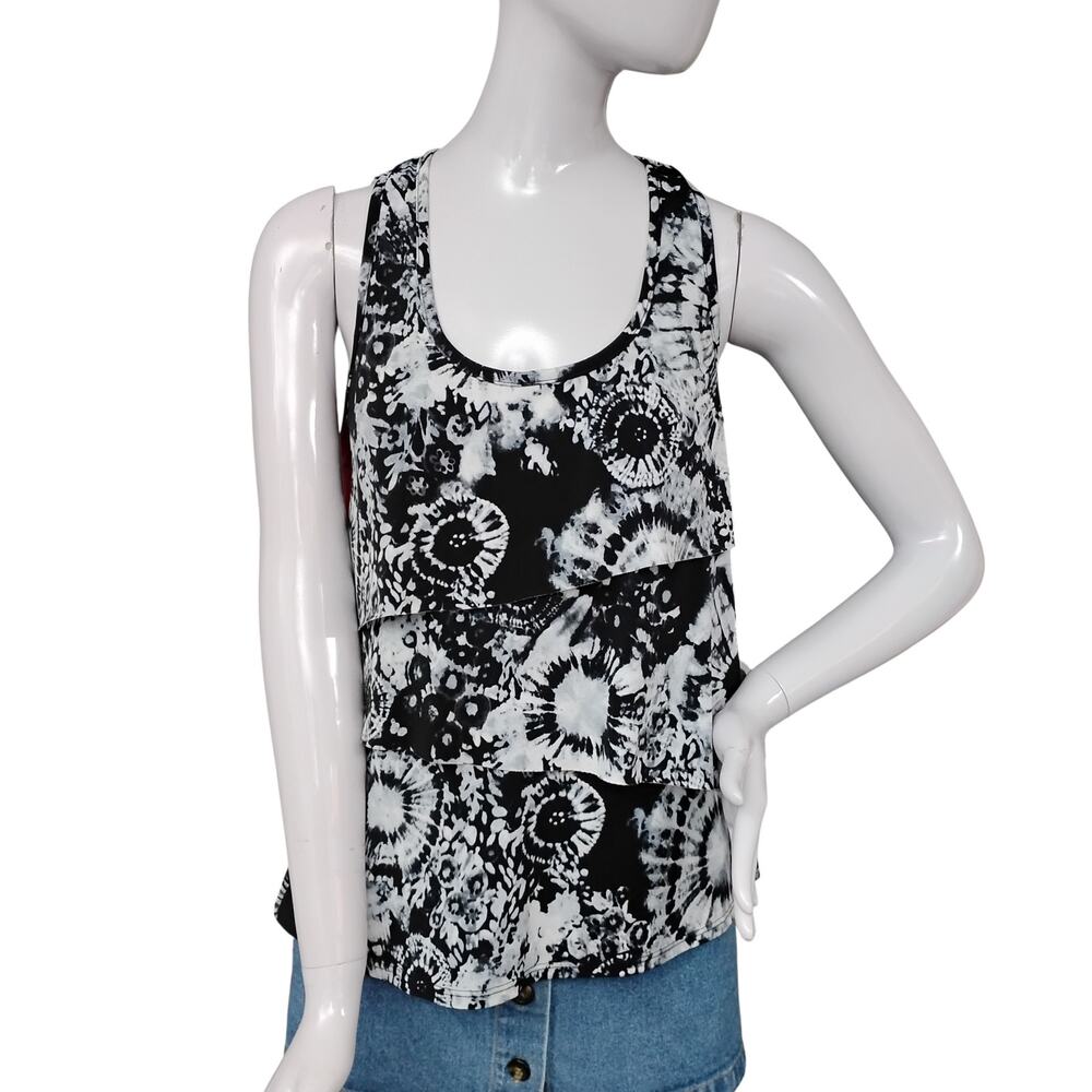A. Byer Ruffled Blouse Size Medium Black and White Racer Back